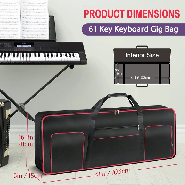 Alt view image 6 of 7 - 61 Key Keyboard Gig Bag Case,Portable Durable Keyboard Piano Waterproof 600D Oxford Cloth with 10mm Cotton Padded Case Gig Bag 40"x16"x6" / Black+Red