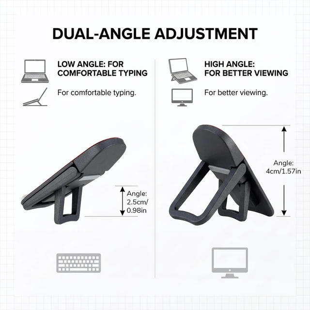 Alt view image 3 of 7 - 2 Pcs Keyboard Feet Replacement, Dual Tilt Angle Adjustment (25mm & 40mm), Foldable Laptop Riser with Self-Adhesive Base for Most Keyboards, Black Plastic Stands Holds Up to 10KG