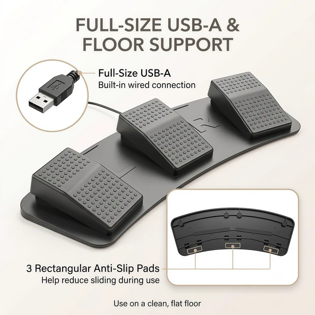 Alt view image 2 of 7 - 3-Key USB Programmable Foot Pedal for PC and Mac, Hotkey Foot Switch | Setup guide included; map keyboard shortcuts, mouse actions and media controls for PC gaming, PTT and transcription