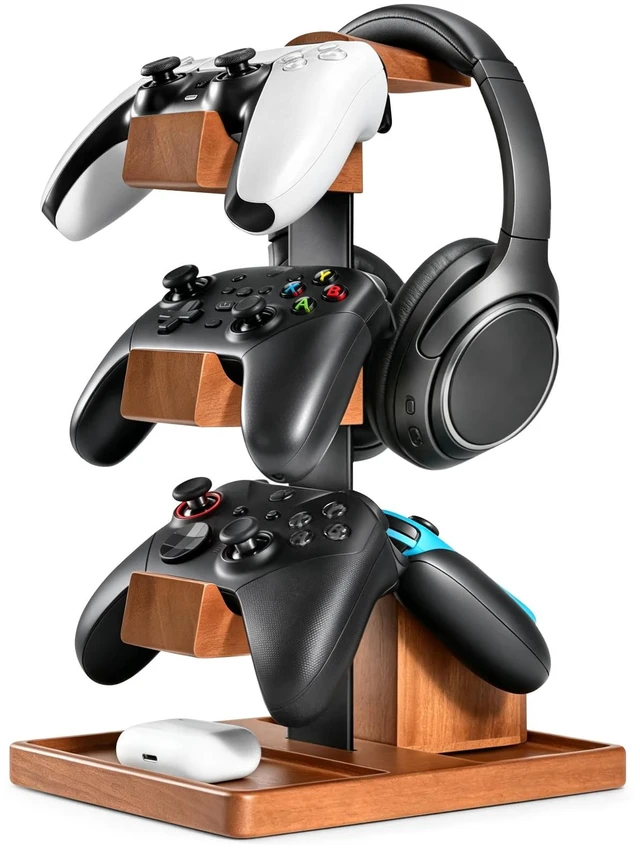 Main image of Solid Wood Metal 3-Tier Controller Stand with Headphone Holder for Desk | Gaming Controller Rack with Modular Storage Base, Fits PS5 Xbox PS4 Gamepad, Headset Stand for Husband Boyfriend Son
