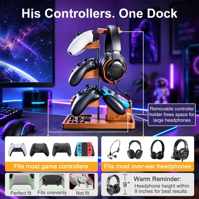 Alt view image 4 of 7 - Solid Wood Metal 3-Tier Controller Stand with Headphone Holder for Desk | Gaming Controller Rack with Modular Storage Base, Fits PS5 Xbox PS4 Gamepad, Headset Stand for Husband Boyfriend Son