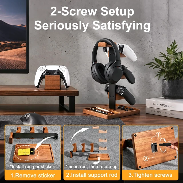 Alt view image 6 of 7 - Solid Wood Metal 3-Tier Controller Stand with Headphone Holder for Desk | Gaming Controller Rack with Modular Storage Base, Fits PS5 Xbox PS4 Gamepad, Headset Stand for Husband Boyfriend Son