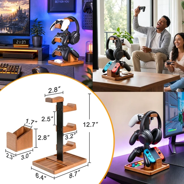 Alt view image 7 of 7 - Solid Wood Metal 3-Tier Controller Stand with Headphone Holder for Desk | Gaming Controller Rack with Modular Storage Base, Fits PS5 Xbox PS4 Gamepad, Headset Stand for Husband Boyfriend Son