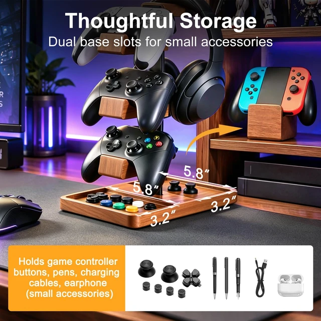 Alt view image 5 of 7 - Solid Wood Metal 3-Tier Controller Stand with Headphone Holder for Desk | Gaming Controller Rack with Modular Storage Base, Fits PS5 Xbox PS4 Gamepad, Headset Stand for Husband Boyfriend Son