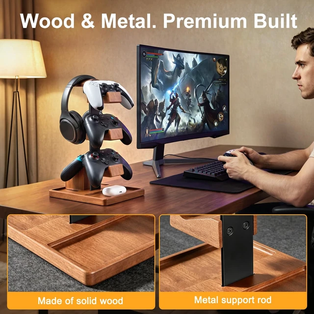 Alt view image 3 of 7 - Solid Wood Metal 3-Tier Controller Stand with Headphone Holder for Desk | Gaming Controller Rack with Modular Storage Base, Fits PS5 Xbox PS4 Gamepad, Headset Stand for Husband Boyfriend Son