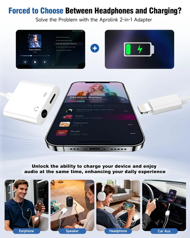 Alt view image 4 of 7 - 2-in-1 Lightning to 3.5mm Adapter, MFi Certified Fast Charge & Audio Dongle | Dual-port splitter for car AUX, gym & travel. Plug and play. Enjoy Hi-Fi music and fast charging at the same time.
