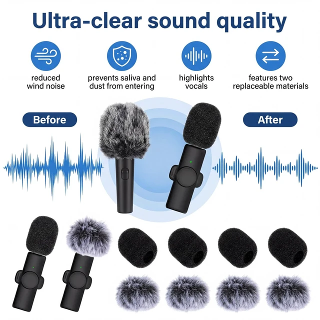 Alt view image 4 of 7 - Microphone Cover, 8 PCS Mini Wireless Furry Mic Windscreen & Foam Cover Set Windproof Microphone Windscreen Wind Muff Foam Mic Covers for Lavalier Microphones, to Reduce Plosive Highlight the Vocals