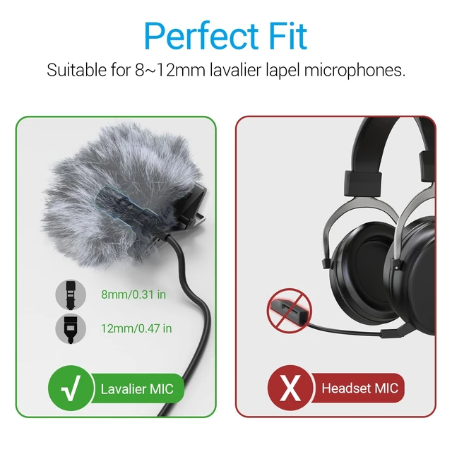 Alt view image 6 of 7 - Furry Windscreen & Foam Cover Set for Lavalier Lapel Microphone, Muff Windshield Windjammer Deadcat Wind Muff & Dead Cat Set for Mini Clip-On Lav MIC, 5-Pack of Each