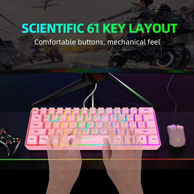 Alt view image 2 of 6 - 60% Wired Gaming Keyboard, 61 Keys, Black-White | Backlit Ultra-Compact Small Gaming Keyboard, for PC/Mac Gamer, Typist, Travel, Easy to Carry on Business Trip Pink