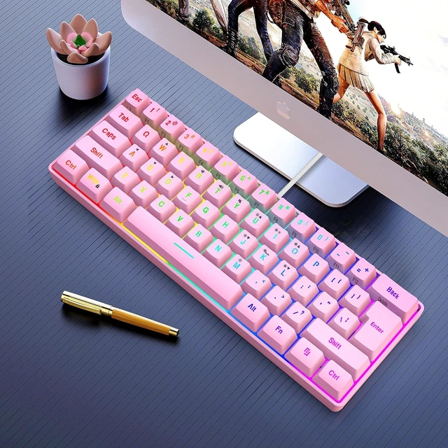 Alt view image 4 of 6 - 60% Wired Gaming Keyboard, 61 Keys, Black-White | Backlit Ultra-Compact Small Gaming Keyboard, for PC/Mac Gamer, Typist, Travel, Easy to Carry on Business Trip Pink