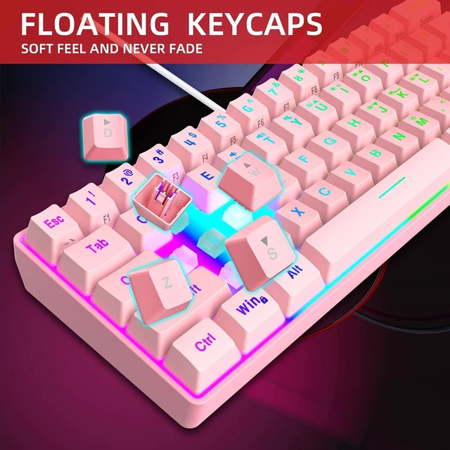 Alt view image 6 of 6 - 60% Wired Gaming Keyboard, 61 Keys, Black-White | Backlit Ultra-Compact Small Gaming Keyboard, for PC/Mac Gamer, Typist, Travel, Easy to Carry on Business Trip Pink