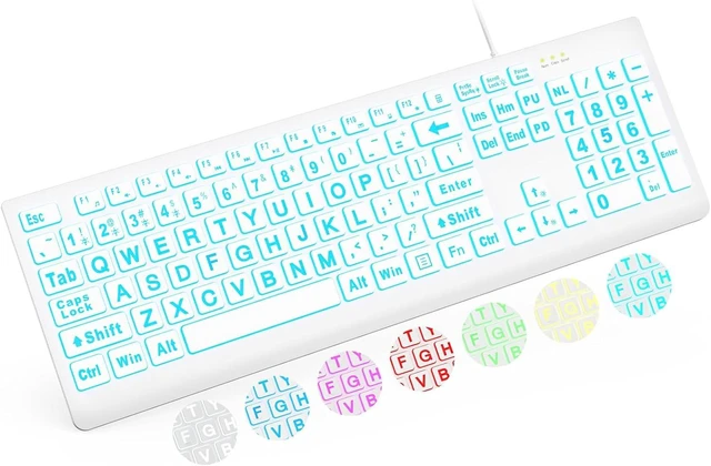 Main image of Wired Large Print Backlit Computer Keyboard, K11PRO | 3X Larger Print Keys, 7-Color LED Backlight, Full Size Layout, Foldable Tilt Stand, USB Plug & Play, Windows Compatible White