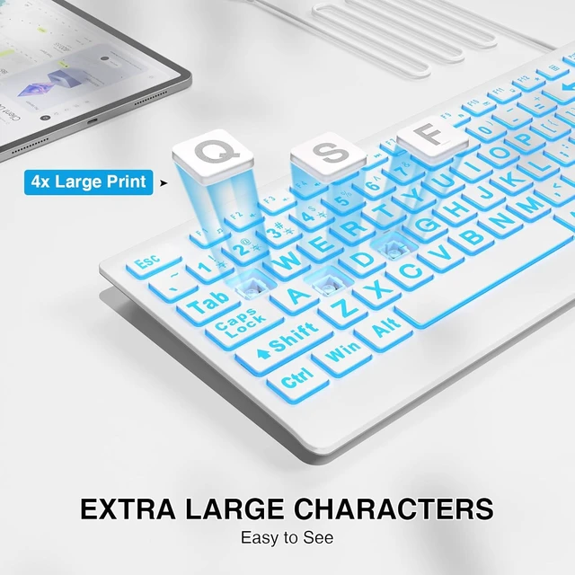 Alt view image 3 of 7 - Wired Large Print Backlit Computer Keyboard, K11PRO | 3X Larger Print Keys, 7-Color LED Backlight, Full Size Layout, Foldable Tilt Stand, USB Plug & Play, Windows Compatible White