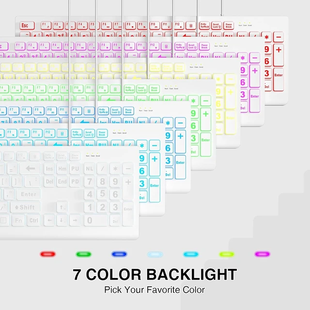 Alt view image 2 of 7 - Wired Large Print Backlit Computer Keyboard, K11PRO | 3X Larger Print Keys, 7-Color LED Backlight, Full Size Layout, Foldable Tilt Stand, USB Plug & Play, Windows Compatible White
