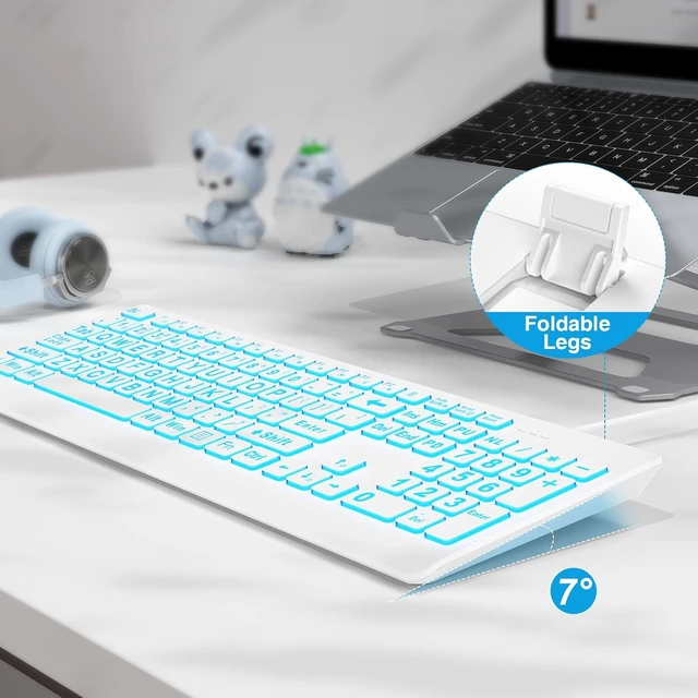 Alt view image 7 of 7 - Wired Large Print Backlit Computer Keyboard, K11PRO | 3X Larger Print Keys, 7-Color LED Backlight, Full Size Layout, Foldable Tilt Stand, USB Plug & Play, Windows Compatible White