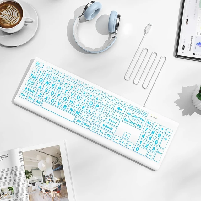 Alt view image 5 of 7 - Wired Large Print Backlit Computer Keyboard, K11PRO | 3X Larger Print Keys, 7-Color LED Backlight, Full Size Layout, Foldable Tilt Stand, USB Plug & Play, Windows Compatible White