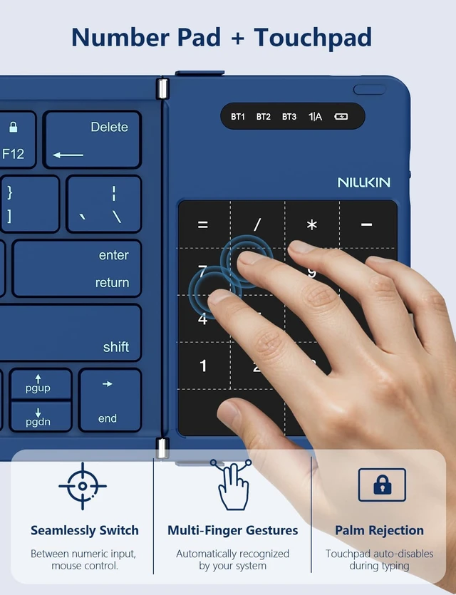 Alt view image 6 of 7 - Foldable Bluetooth Keyboard with Touchpad & Number Pad, Portable Bluetooth Keyboard with Full Size Keys, Pocket-Sized Wireless Travel Keyboards for iPad, Smartphone, Tablet and Laptop Black Blue
