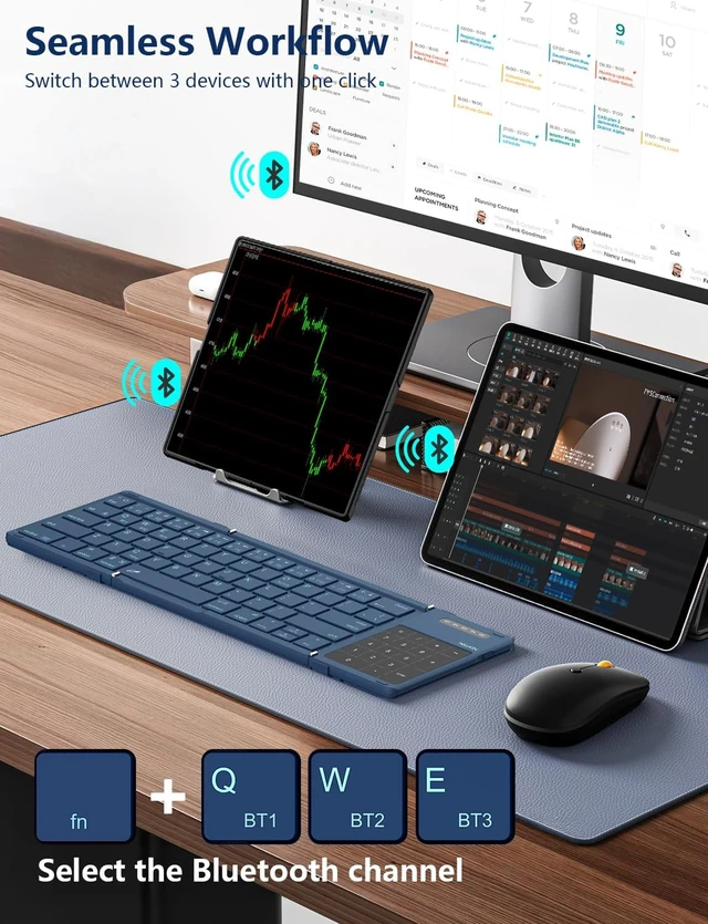 Alt view image 4 of 7 - Foldable Bluetooth Keyboard with Touchpad & Number Pad, Portable Bluetooth Keyboard with Full Size Keys, Pocket-Sized Wireless Travel Keyboards for iPad, Smartphone, Tablet and Laptop Black Blue