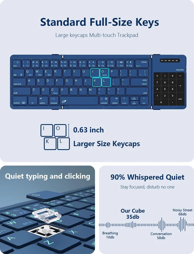 Alt view image 7 of 7 - Foldable Bluetooth Keyboard with Touchpad & Number Pad, Portable Bluetooth Keyboard with Full Size Keys, Pocket-Sized Wireless Travel Keyboards for iPad, Smartphone, Tablet and Laptop Black Blue