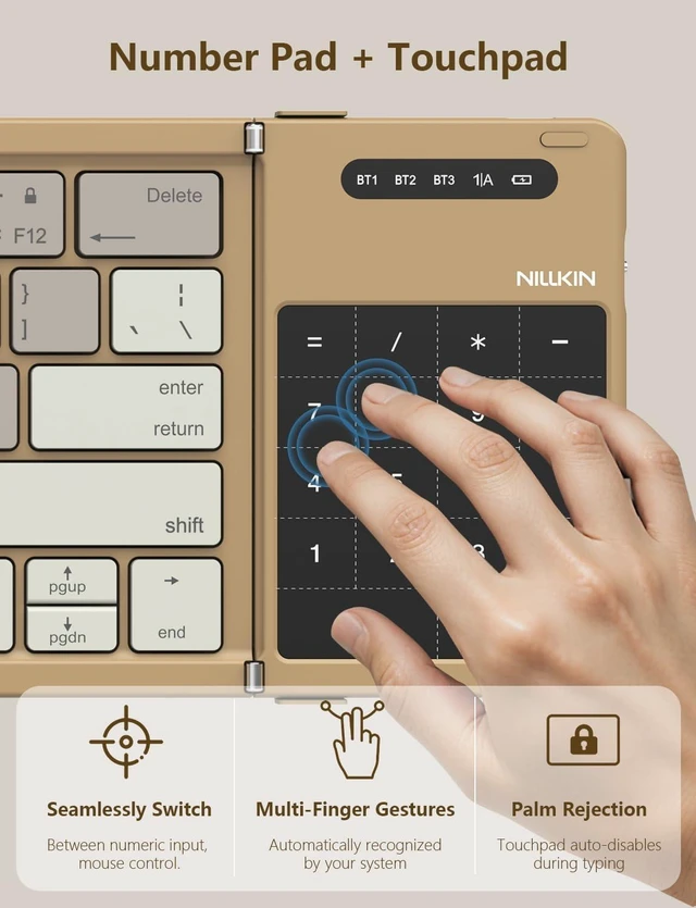 Alt view image 7 of 7 - Foldable Bluetooth Keyboard with Touchpad & Number Pad, Portable Bluetooth Keyboard with Full Size Keys, Pocket-Sized Wireless Travel Keyboards for iPad, Smartphone, Tablet and Laptop Black Khaki