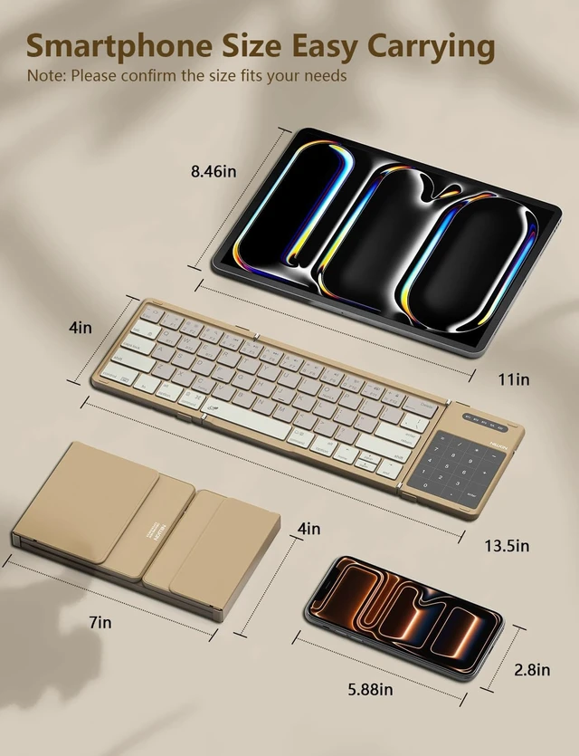 Alt view image 5 of 7 - Foldable Bluetooth Keyboard with Touchpad & Number Pad, Portable Bluetooth Keyboard with Full Size Keys, Pocket-Sized Wireless Travel Keyboards for iPad, Smartphone, Tablet and Laptop Black Khaki