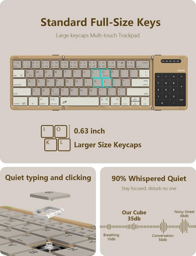 Alt view image 4 of 7 - Foldable Bluetooth Keyboard with Touchpad & Number Pad, Portable Bluetooth Keyboard with Full Size Keys, Pocket-Sized Wireless Travel Keyboards for iPad, Smartphone, Tablet and Laptop Black Khaki