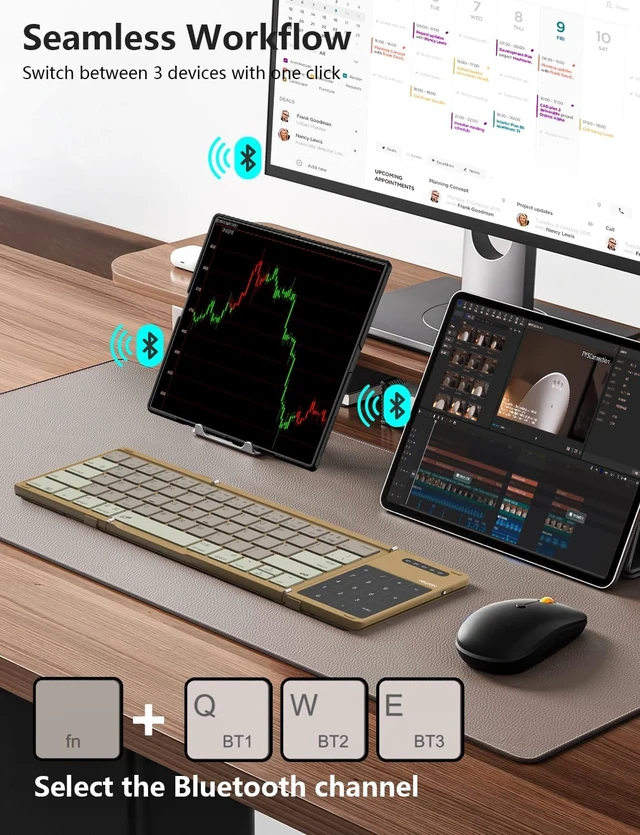 Alt view image 2 of 7 - Foldable Bluetooth Keyboard with Touchpad & Number Pad, Portable Bluetooth Keyboard with Full Size Keys, Pocket-Sized Wireless Travel Keyboards for iPad, Smartphone, Tablet and Laptop Black Khaki
