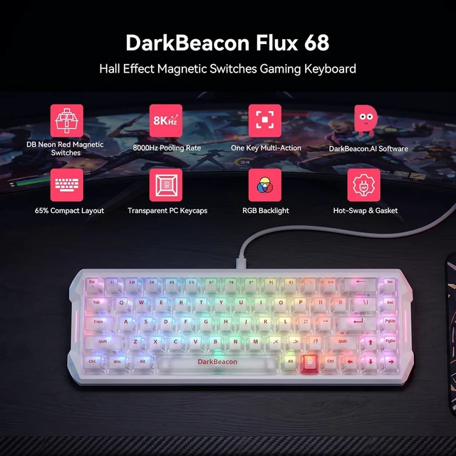 Alt view image 6 of 7 - Flux 68 HE Mechanical Gaming Keyboard Rapid Trigger with Adjustable Actuation 0.01-3.5 mm, Hall Effect Magnetic Switch, 8000Hz Polling, RGB Backlit, 65% Wired Keyboard for PC(Black) White