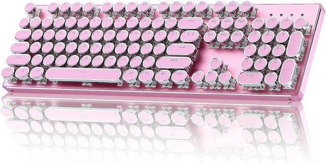 Main image of QL108 Typewriter Style Mechanical Gaming Keyboard,Full Size Hot Swappable RGB Backlit Keyboards,Metal Panel Retro Punk Round Keycaps,USB Wired Computer Keyboard (Silver, Onyx Gray Switch) Pink