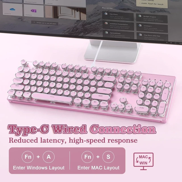 Alt view image 2 of 7 - QL108 Typewriter Style Mechanical Gaming Keyboard,Full Size Hot Swappable RGB Backlit Keyboards,Metal Panel Retro Punk Round Keycaps,USB Wired Computer Keyboard (Silver, Onyx Gray Switch) Pink