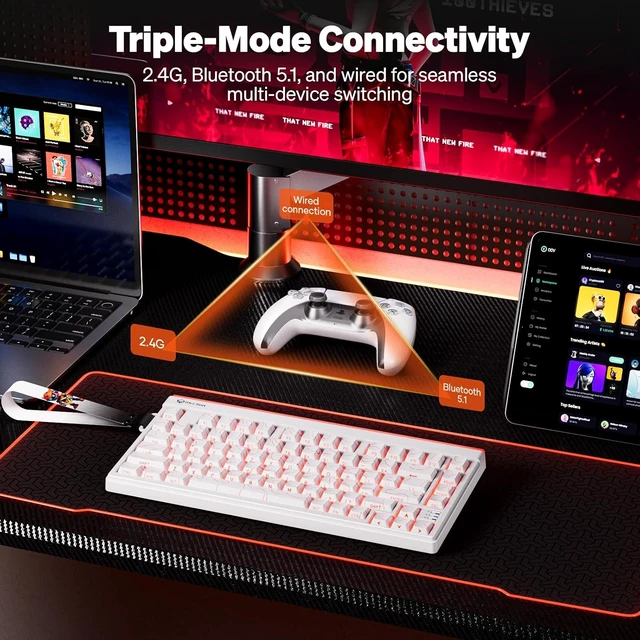 Alt view image 7 of 7 - Vibekey75 Wireless Gaming Keyboard, 75-Key Tri-Mode RGB, Black | Bluetooth 5.0, 2.4G and USB-C connectivity, RGB light bar, side-printed membrane keycaps with mechanical feel White