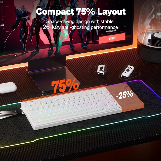 Alt view image 4 of 7 - Vibekey75 Wireless Gaming Keyboard, 75-Key Tri-Mode RGB, Black | Bluetooth 5.0, 2.4G and USB-C connectivity, RGB light bar, side-printed membrane keycaps with mechanical feel White