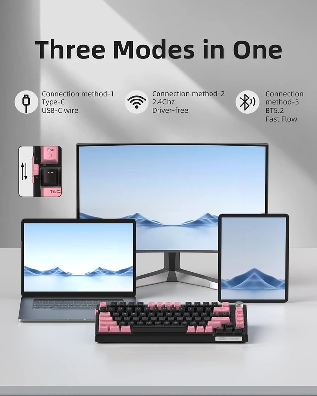 Alt view image 6 of 7 - SKY81 75% Wireless Gasket Mechanical Gaming Keyboard, Hot Swappable RGB Custom Creamy Keyboard w/ 5-Layer Padding, BT/2.4G/USB-C, Knob Control, NKRO for Win/Mac (Dreamy Sky, Violet Switch)