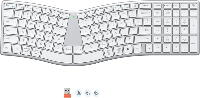 Main image of Wireless Ergonomic Keyboard, Split S-Curve, Bluetooth & 2.4G, Black | Rechargeable full-size keyboard with slim low-profile keys, Bluetooth and 2.4G wireless for Windows, Mac, PC and laptop White