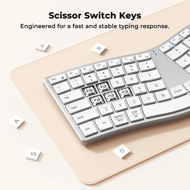 Alt view image 6 of 7 - Wireless Ergonomic Keyboard, Split S-Curve, Bluetooth & 2.4G, Black | Rechargeable full-size keyboard with slim low-profile keys, Bluetooth and 2.4G wireless for Windows, Mac, PC and laptop White
