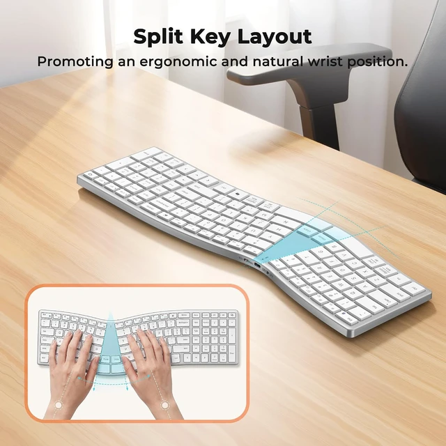 Alt view image 7 of 7 - Wireless Ergonomic Keyboard, Split S-Curve, Bluetooth & 2.4G, Black | Rechargeable full-size keyboard with slim low-profile keys, Bluetooth and 2.4G wireless for Windows, Mac, PC and laptop White