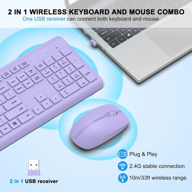 Alt view image 4 of 6 - Wireless Keyboard and Mouse Combo, Full Size Silent Keyboard Mouse for Office and Home, Long Battery Life, Optical Mouse, 2.4G Lag-Free Cordless, for Windows Mac/Desktop/Laptop/PC Purple-1pack