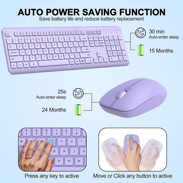 Alt view image 6 of 6 - Wireless Keyboard and Mouse Combo, Full Size Silent Keyboard Mouse for Office and Home, Long Battery Life, Optical Mouse, 2.4G Lag-Free Cordless, for Windows Mac/Desktop/Laptop/PC Purple-1pack