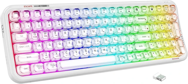 Main image of Wireless Computer Keyboard with RGB Backlit, Tri-Mode Bluetooth 5.0/USB-C/2.4GHz Ergonomic Gaming Keyboard - Full-Size Rechargeable Transparent Keycap for Laptop/Windows/PC - Orange Backlight White