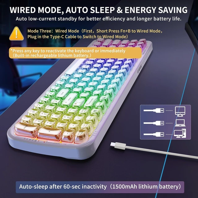 Alt view image 5 of 7 - Wireless Computer Keyboard with RGB Backlit, Tri-Mode Bluetooth 5.0/USB-C/2.4GHz Ergonomic Gaming Keyboard - Full-Size Rechargeable Transparent Keycap for Laptop/Windows/PC - Orange Backlight White