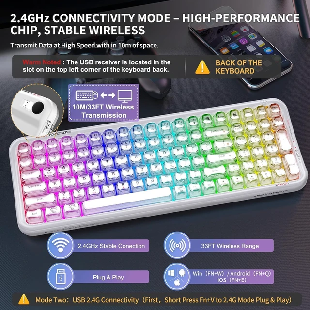 Alt view image 4 of 7 - Wireless Computer Keyboard with RGB Backlit, Tri-Mode Bluetooth 5.0/USB-C/2.4GHz Ergonomic Gaming Keyboard - Full-Size Rechargeable Transparent Keycap for Laptop/Windows/PC - Orange Backlight White
