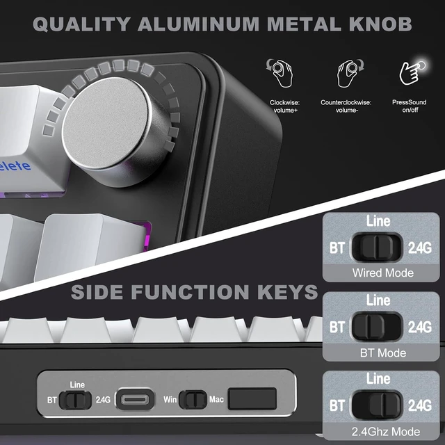 Alt view image 3 of 7 - M75 Mechanical Keyboard,75% Gasket Hot Swappable,RGB Backlit,Side Printed PBT Keycaps,2.4Ghz/Bluetooth/USB-C Gaming Keyboards (Black and Pink) White and Black