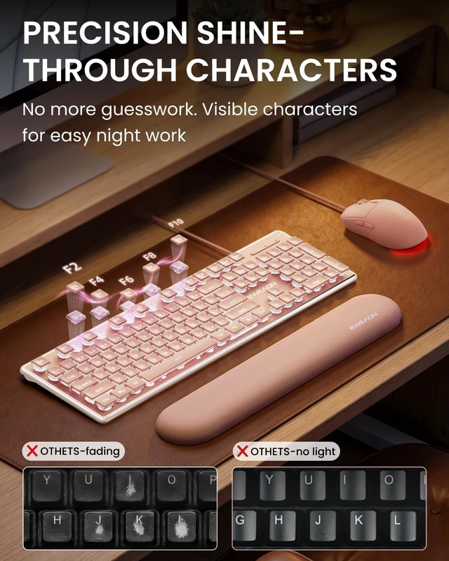 Alt view image 6 of 7 - Wired Keyboard and Mouse Combo with Detachable Wrist Rest - Purple | White Backlit, Quiet Click, Full Size, Pudding Keycap, 1600DPI Mouse, for Office and Home, Windows/PC/Laptop (EWEADN GX710S) Pink