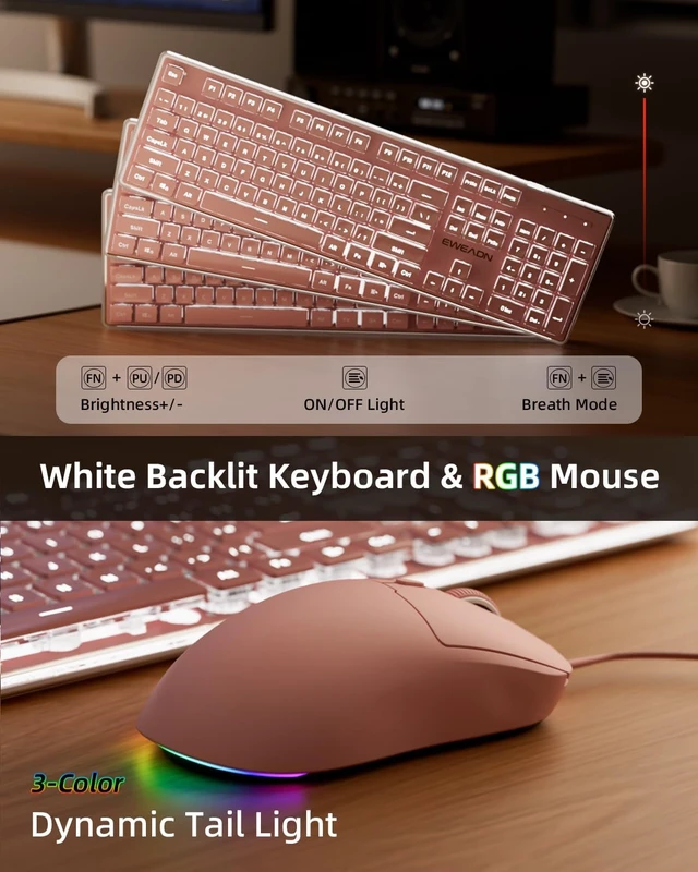Alt view image 4 of 7 - Wired Keyboard and Mouse Combo with Detachable Wrist Rest - Purple | White Backlit, Quiet Click, Full Size, Pudding Keycap, 1600DPI Mouse, for Office and Home, Windows/PC/Laptop (EWEADN GX710S) Pink