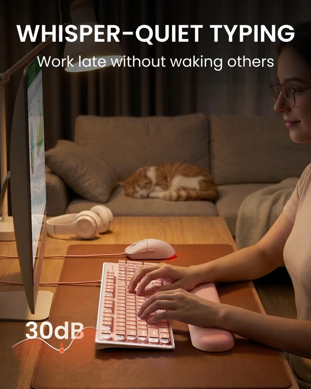 Alt view image 3 of 7 - Wired Keyboard and Mouse Combo with Detachable Wrist Rest - Purple | White Backlit, Quiet Click, Full Size, Pudding Keycap, 1600DPI Mouse, for Office and Home, Windows/PC/Laptop (EWEADN GX710S) Pink