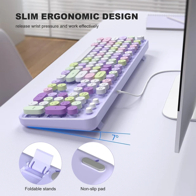 Alt view image 7 of 7 - Computer Keyboards Wired, Plug Play USB Full Size Typewriter Keyboard, Cute Colorful Aesthetic Keyboard with Foldable Stands for Windows PC Laptop (Purple Gradient) Pale Purple