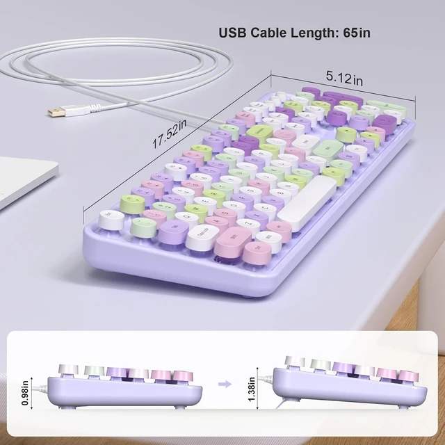 Alt view image 3 of 7 - Computer Keyboards Wired, Plug Play USB Full Size Typewriter Keyboard, Cute Colorful Aesthetic Keyboard with Foldable Stands for Windows PC Laptop (Purple Gradient) Pale Purple