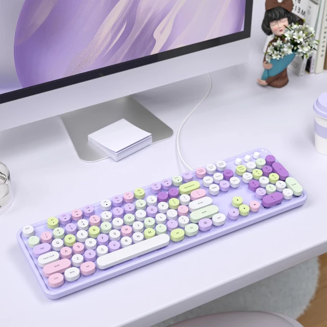 Alt view image 2 of 7 - Computer Keyboards Wired, Plug Play USB Full Size Typewriter Keyboard, Cute Colorful Aesthetic Keyboard with Foldable Stands for Windows PC Laptop (Purple Gradient) Pale Purple