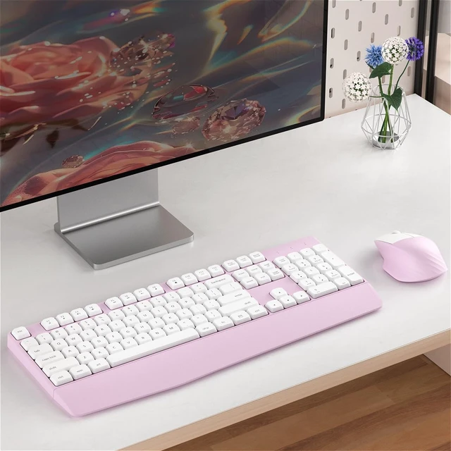 Alt view image 6 of 6 - Ergonomic Wireless Keyboard and Mouse Combo with Wrist Rest (Black Coffee) | COVEVA Full Size Keyboard with 12 Dedicated Shortcuts, Smart Auto-Sleep, 2.4GHz Receiver, Natural Typing for PC Laptop Pink