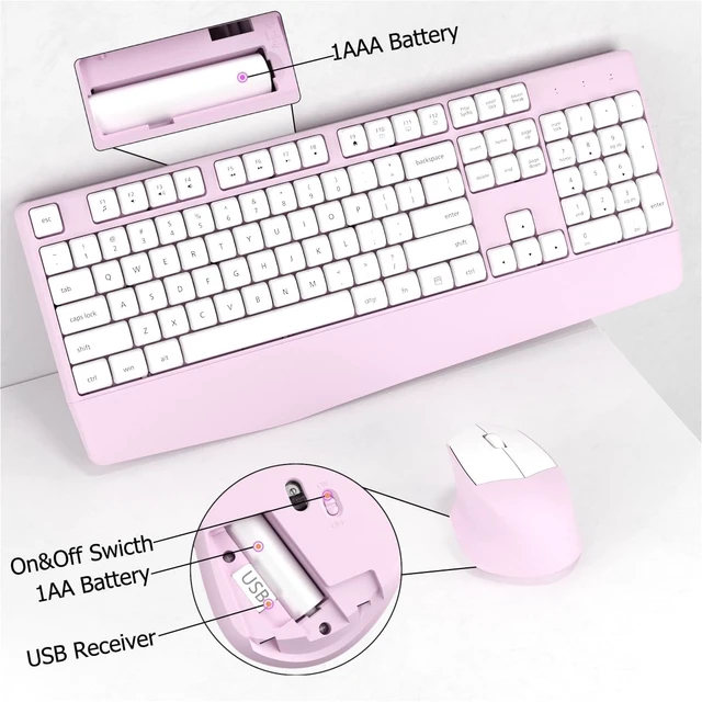 Alt view image 3 of 6 - Ergonomic Wireless Keyboard and Mouse Combo with Wrist Rest (Black Coffee) | COVEVA Full Size Keyboard with 12 Dedicated Shortcuts, Smart Auto-Sleep, 2.4GHz Receiver, Natural Typing for PC Laptop Pink